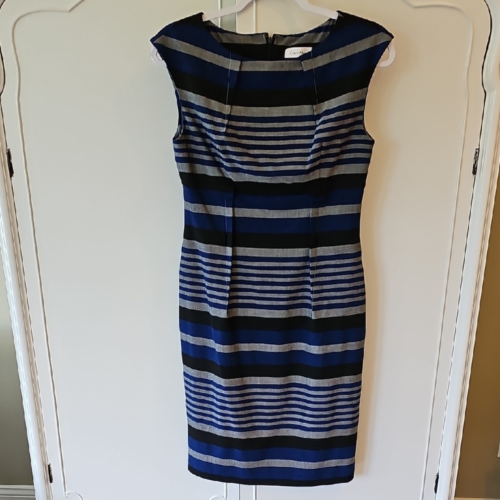 Calvin Klein Blue Sheath Midi Dress Sleeveless Bateau